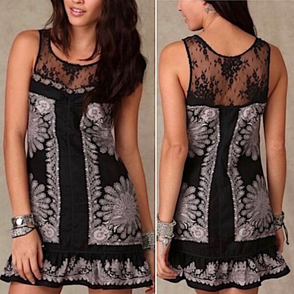 Free People Peacock Shift Mini Dress 8 Linen Lace Ruffle Embroidered Boho Floral - Picture 2 of 16